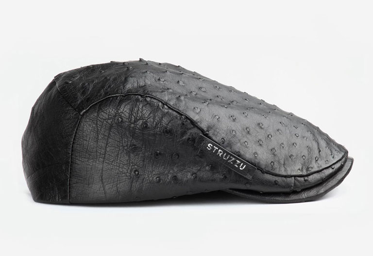 The Path Finder classic flat cap in ostrich leather side view