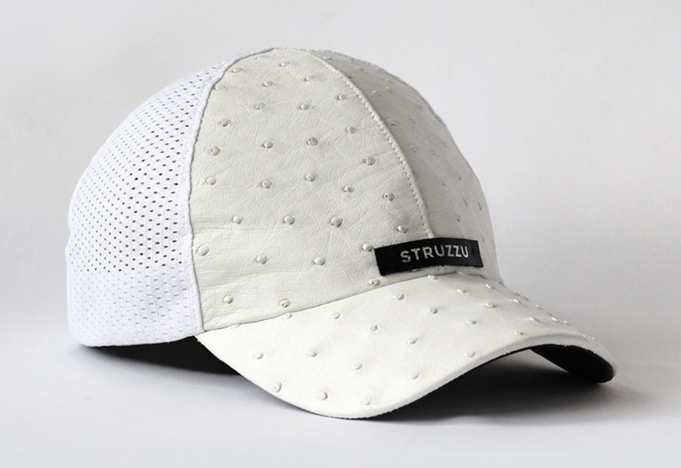 The Explorer baseball cap in ostrich leather and soft mesh fabric angled view