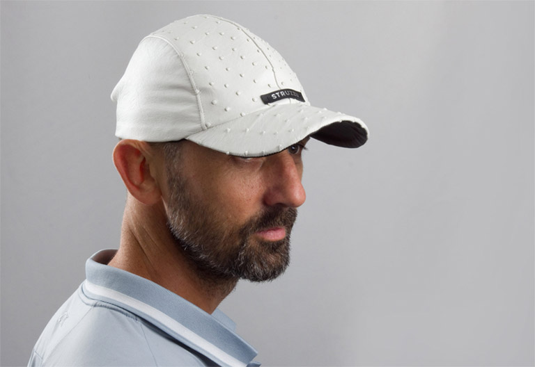 The Voyager low profile ostrich leather V panel sports cap side view