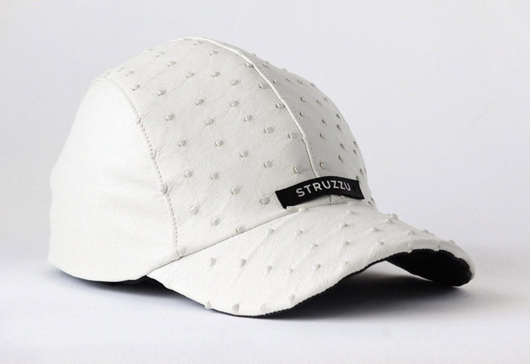 The Voyager low profile ostrich leather V panel sports cap angled view